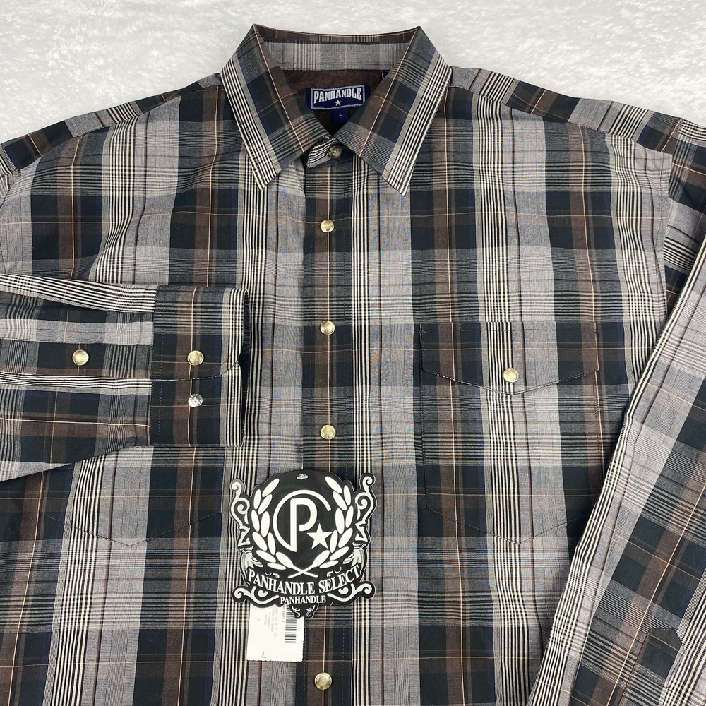 PANHANDLE Select Western Shirt Mens Large Brown/Gray Plaid Pearl Snaps NWT!